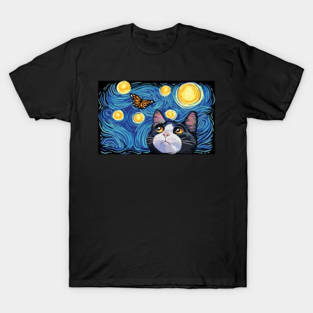 The Starry Night Cat Art T-Shirt by SuperrSunday